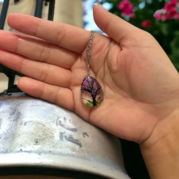 Resin Flower Pressed & Tree Tear Drop Pendant Charm Stainless Steel Necklace - Picture 2 of 3